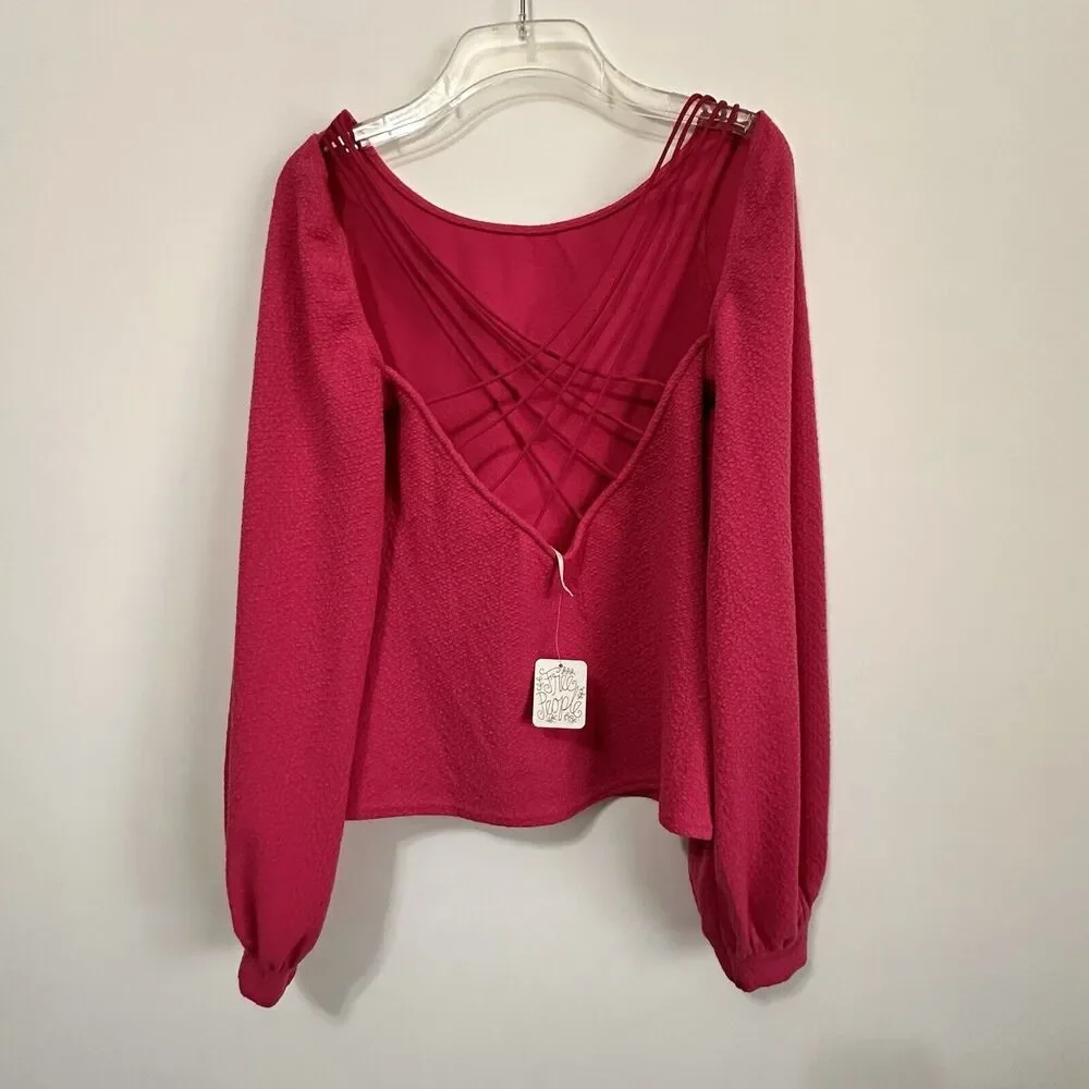 Free People Strappy‎ Back Textured Top S Pink Long Sleeve Criss Cross Trendy NEW